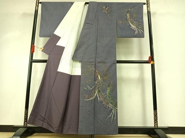 平和屋着物●訪問着 紬地 刺繍 花鳥文 金糸 金彩 正絹 逸品 AABH5132fy