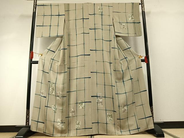 平和屋着物●訪問着 絞り 木葉摺り 格子 色紙舞葉文 正絹 逸品 AABH5145fy