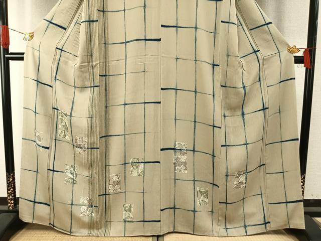 平和屋着物●訪問着 絞り 木葉摺り 格子 色紙舞葉文 正絹 逸品 AABH5145fy
