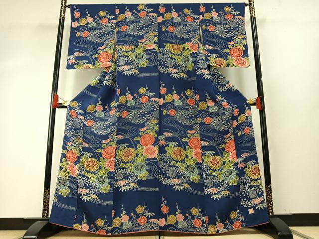 平和屋着物●訪問着 作家物 型染め 流水花文 鬼しぼ縮緬 正絹 逸品 AABH5147fy