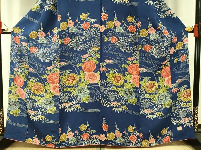 平和屋着物●訪問着 作家物 型染め 流水花文 鬼しぼ縮緬 正絹 逸品 AABH5147fy