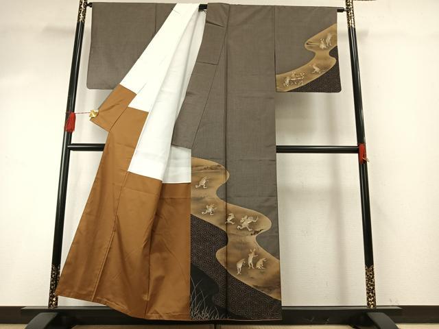 平和屋着物●本場大島紬 染大島 訪問着 手描き 鳥獣戯画 正絹 逸品 AABH5160fy