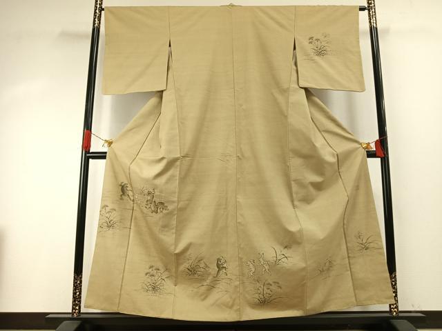 平和屋着物●訪問着 紬地 作家物 手描き 鳥獣戯画 正絹 逸品 AABH5171fy