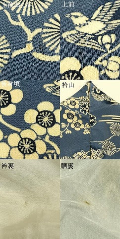 平和屋着物●上質な小紋 本藍 型染め 花鳥文 暈し染め 鬼しぼ縮緬 正絹 逸品 AABH5175fy