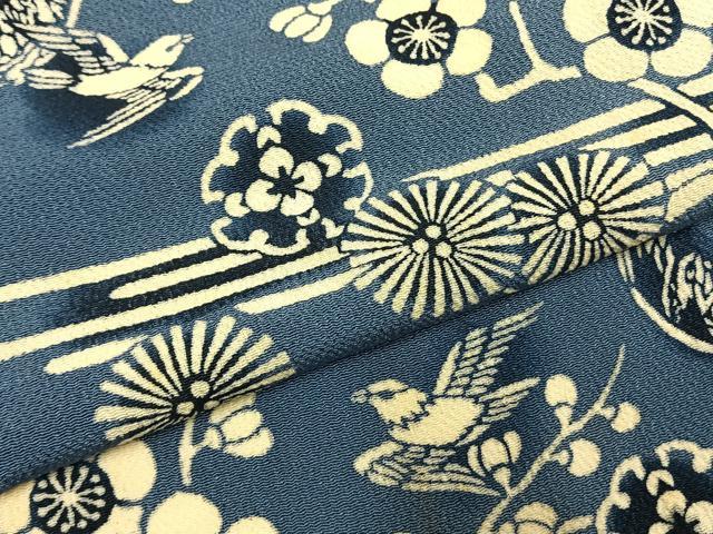 平和屋着物●上質な小紋 本藍 型染め 花鳥文 暈し染め 鬼しぼ縮緬 正絹 逸品 AABH5175fy