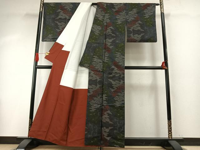 平和屋着物●本場大島紬 一元7マルキ 風景文 正絹 逸品 AABH5180fy