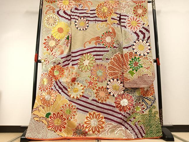 平和屋本店●アンティーク 大正ロマン 振袖 駒刺繍 舞花文 金彩 正絹 逸品 AABH5189fy