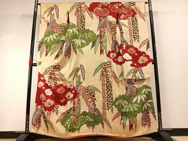 平和屋本店●アンティーク 大正ロマン 振袖 駒刺繍 笹竹雲取り花文 金糸 正絹 逸品 AABH5191fy
