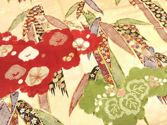 平和屋本店●アンティーク 大正ロマン 振袖 駒刺繍 笹竹雲取り花文 金糸 正絹 逸品 AABH5191fy