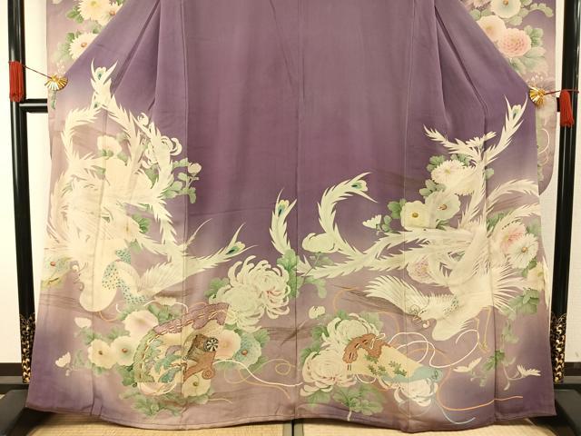 平和屋本店●アンティーク 大正ロマン 振袖 刺繍 扇面花鳥文 暈し染め 金糸 金彩 正絹 逸品 AABH5193fy