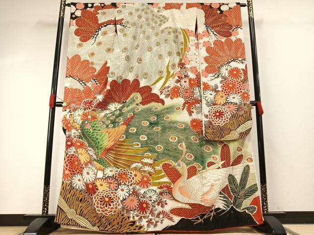 平和屋本店●アンティーク 大正ロマン 振袖 駒刺繍 孔雀花文 暈し染め 金糸 金彩 正絹 逸品 AABH5194fy