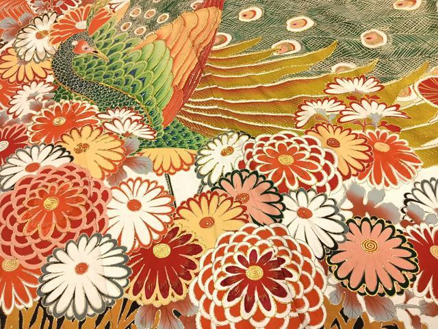 平和屋本店●アンティーク 大正ロマン 振袖 駒刺繍 孔雀花文 暈し染め 金糸 金彩 正絹 逸品 AABH5194fy