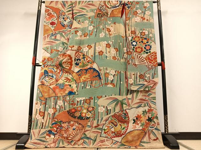 平和屋本店●アンティーク 大正ロマン 振袖 駒刺繍 扇面花文 金糸 金銀彩 正絹 逸品 AABH5195fy
