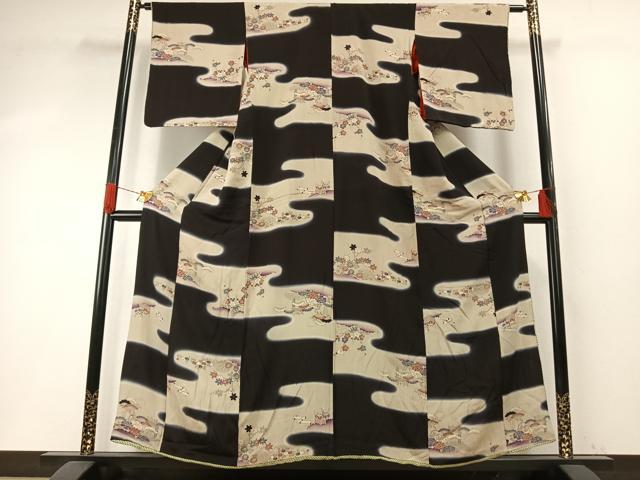 平和屋着物●アンティーク 大正ロマン 小紋 松竹梅 暈し染め 黒地 正絹 逸品 AABH5196fy