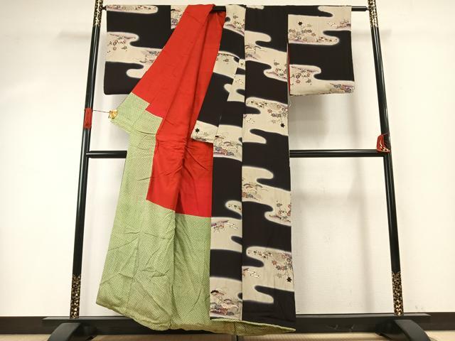 平和屋着物●アンティーク 大正ロマン 小紋 松竹梅 暈し染め 黒地 正絹 逸品 AABH5196fy