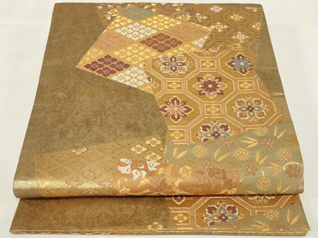 平和屋着物◎六通柄袋帯 古代裂色紙文 金糸 引箔 正絹 逸品 AABH5208ou