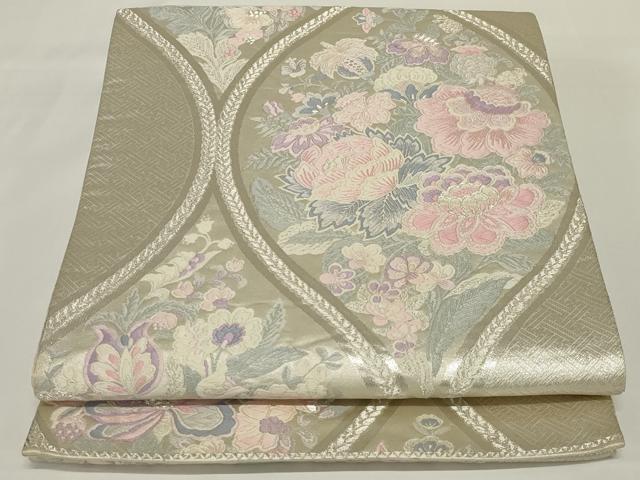 平和屋着物◎六通柄袋帯 立涌更紗花文 銀糸 正絹 逸品 AABH5218ou