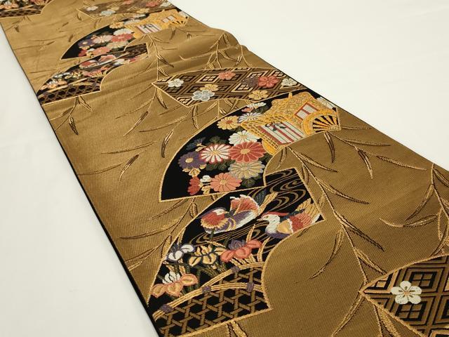 平和屋着物◎六通柄袋帯 地紙花鳥文 黒地 銀糸 正絹 逸品 AABH5231ou