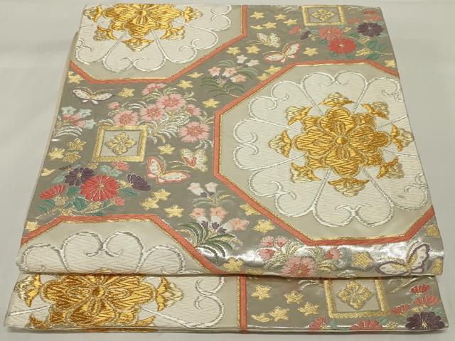 平和屋着物◎六通柄袋帯 唐織 亀甲花文 金銀糸 正絹 逸品 AABH5240ou