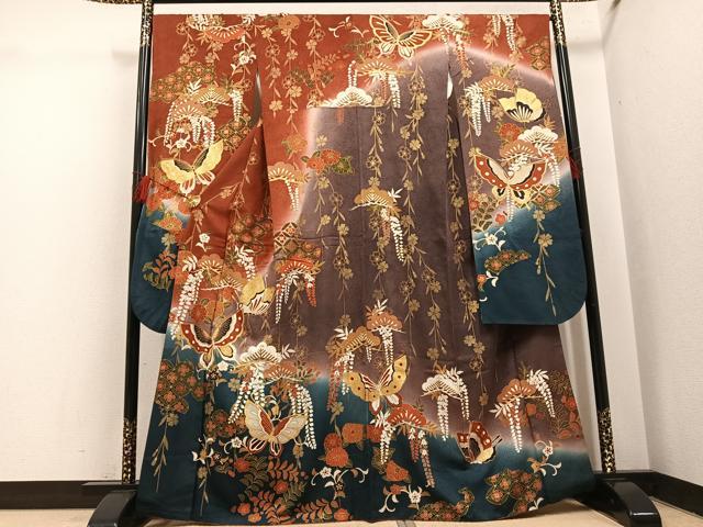 平和屋着物●豪華振袖 草花舞蝶文 暈し染め 金彩 正絹 逸品 AABH5241ph