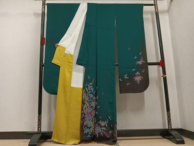 平和屋着物●豪華振袖 駒刺繍 草花文 正絹 逸品 AABH5248ph