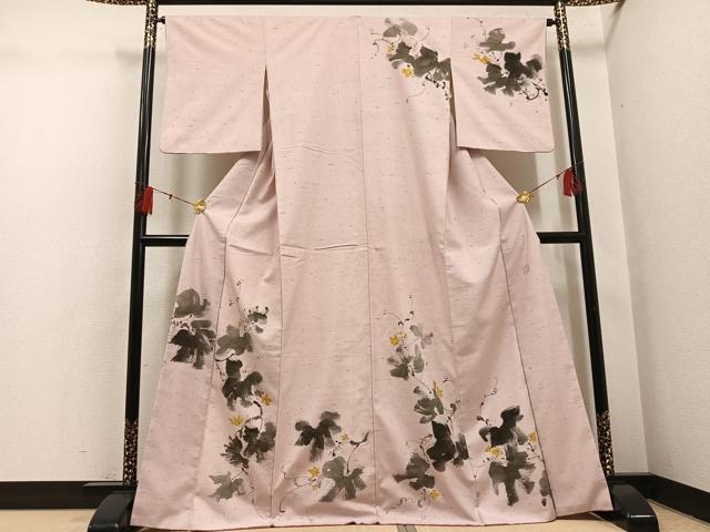 平和屋着物●素描友禅作家 阿部正 訪問着 手描き ぜんまい紬地 草花文 正絹 逸品 AABH5277ph