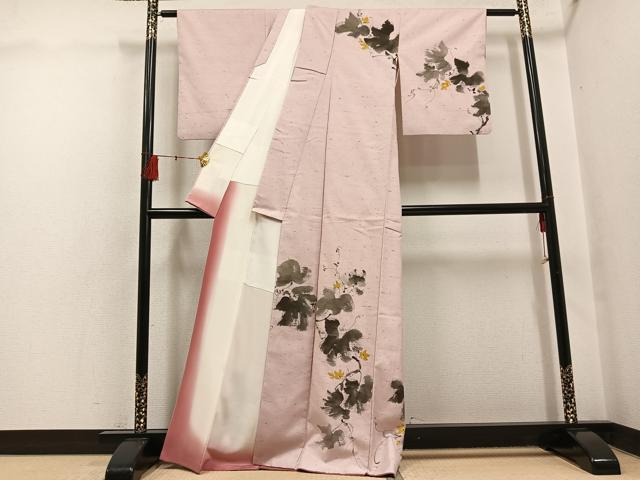平和屋着物●素描友禅作家 阿部正 訪問着 手描き ぜんまい紬地 草花文 正絹 逸品 AABH5277ph