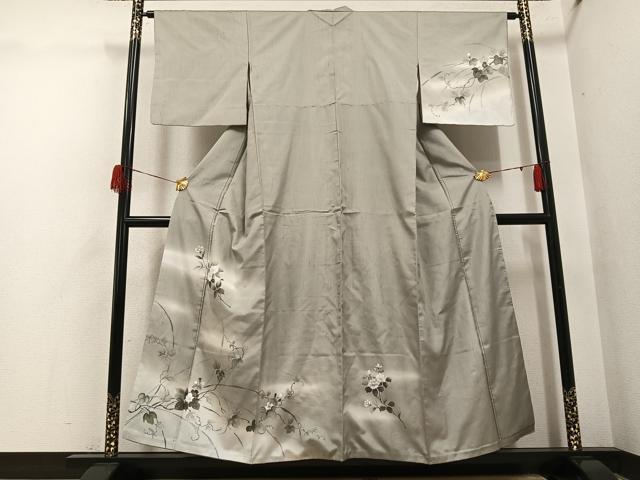 平和屋着物●訪問着 紬地 手描き 枝花文 暈し染め 金彩 正絹 逸品 AABH5307ph