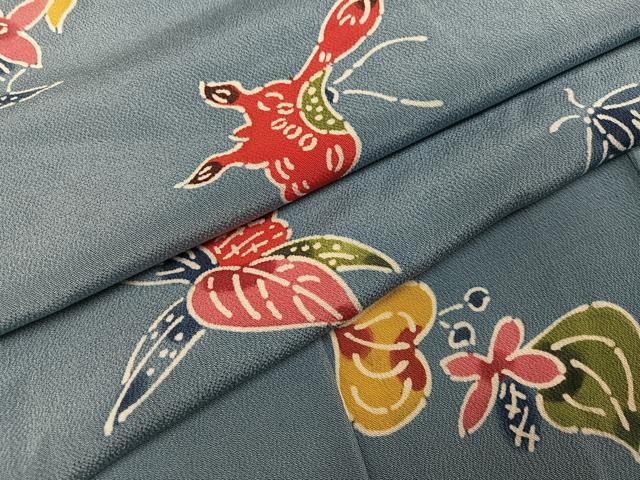 平和屋着物●上質な小紋 紅型 花鳥文 鬼しぼ縮緬 正絹 逸品 AABH5362ph