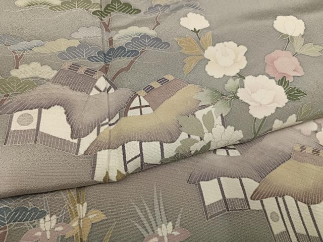 平和屋着物●訪問着 友禅 草花風景籬文 暈し染め 正絹 逸品 AABH5386ph