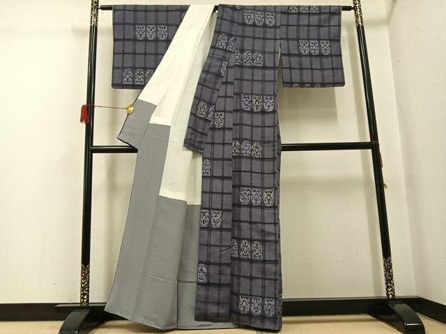 平和屋着物●上質な小紋 紬地 ろうけつ染め 格子 正絹 逸品 AABH5393ph
