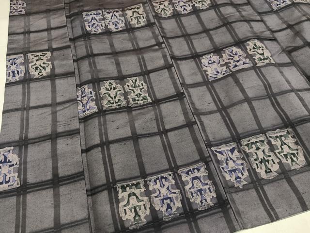 平和屋着物●上質な小紋 紬地 ろうけつ染め 格子 正絹 逸品 AABH5393ph