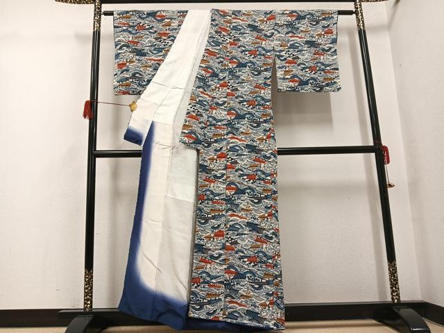 平和屋着物●上質な小紋 紅型 立波船文 正絹 逸品 AABH5400ph