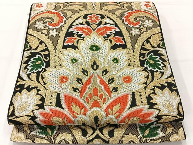 平和屋着物◎六通柄袋帯 唐織 更紗花文 黒地 金糸 正絹 逸品 AABH5426uk