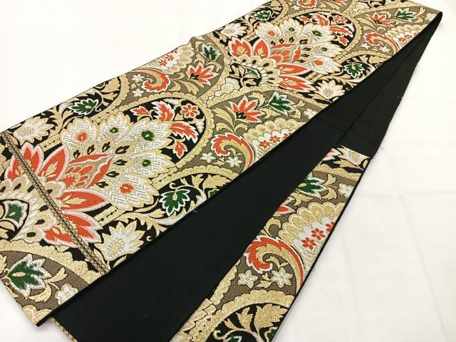 平和屋着物◎六通柄袋帯 唐織 更紗花文 黒地 金糸 正絹 逸品 AABH5426uk