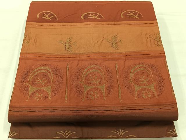 平和屋着物◎六通柄袋帯 鳥獣横段文 金糸 正絹 逸品 AABH5444uk