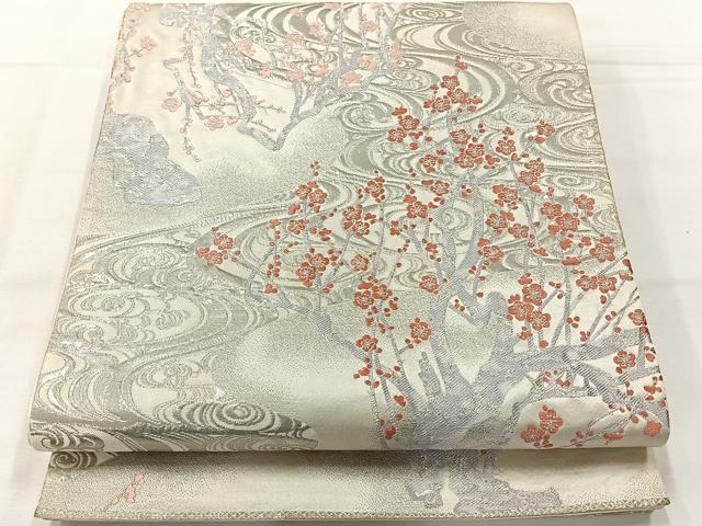 平和屋着物◎六通柄袋帯 唐織 枝梅文 銀糸 正絹 逸品 AABH5490uk