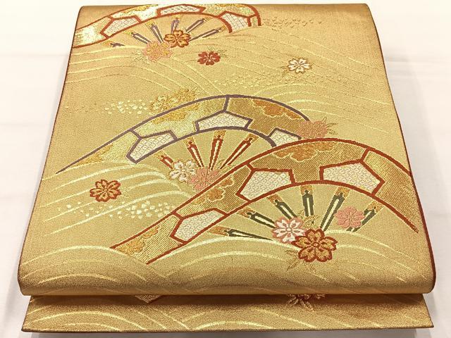 平和屋着物◎六通柄袋帯 唐織 片輪車花文 金糸 正絹 逸品 AABH5495uk