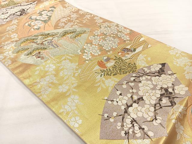 平和屋着物◎六通柄袋帯 唐織 鴛鴦花文 銀糸 正絹 逸品 AABH5516uk