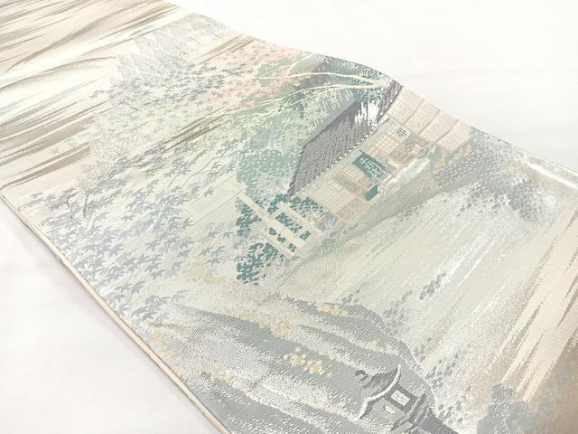 平和屋着物◎六通柄袋帯 風景文 銀糸 正絹 逸品 未使用 AABH5528uk