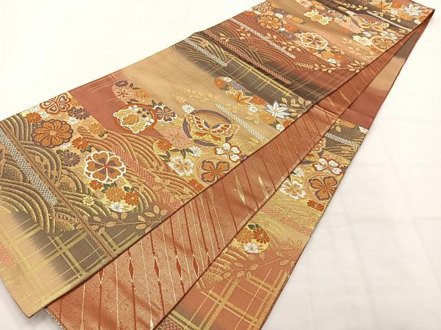 平和屋着物◎六通柄袋帯 唐織 花蝶丸文 金糸 正絹 逸品 AABH5545uk