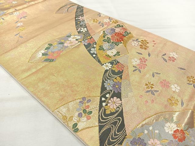 平和屋着物◎六通柄袋帯 唐織 地紙花文 金糸 正絹 逸品 AABH5546uk
