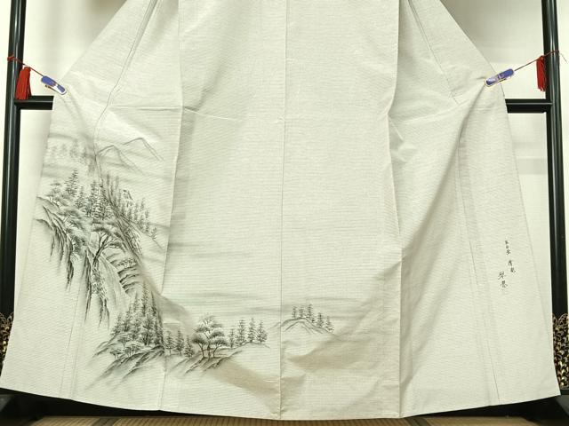 平和屋着物▽訪問着 本場縞大島紬 白大島 単衣 作家物 手描き 風景文 暈し染め 正絹 逸品 AABH5562jh