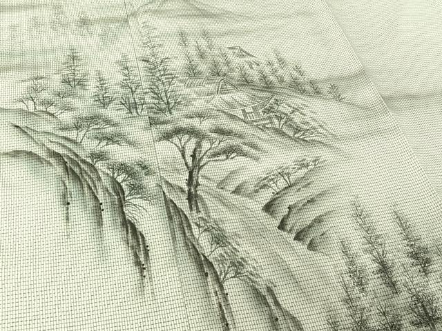 平和屋着物▽訪問着 本場縞大島紬 白大島 単衣 作家物 手描き 風景文 暈し染め 正絹 逸品 AABH5562jh