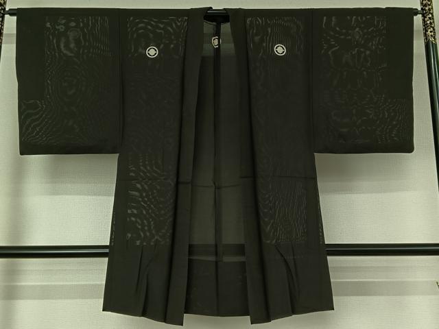 平和屋着物▽男性 黒紋付羽織 スリーシーズン 春夏秋 塵除け 絽 暗黒色 正絹 逸品 AABH5599jh