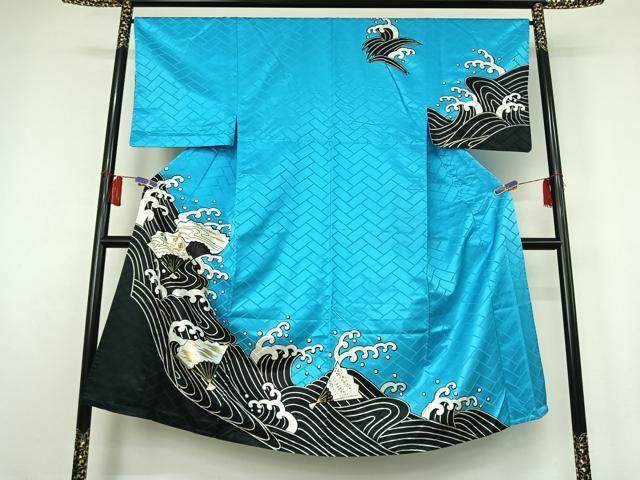 平和屋着物▽男性 訪問着 単衣 立波扇面文 金彩 洗える着物 AABH5608jh