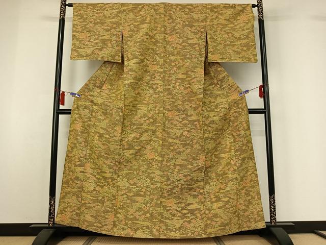 平和屋着物▽上質な紬 単衣 流水花文 正絹 逸品 AABH5616jh