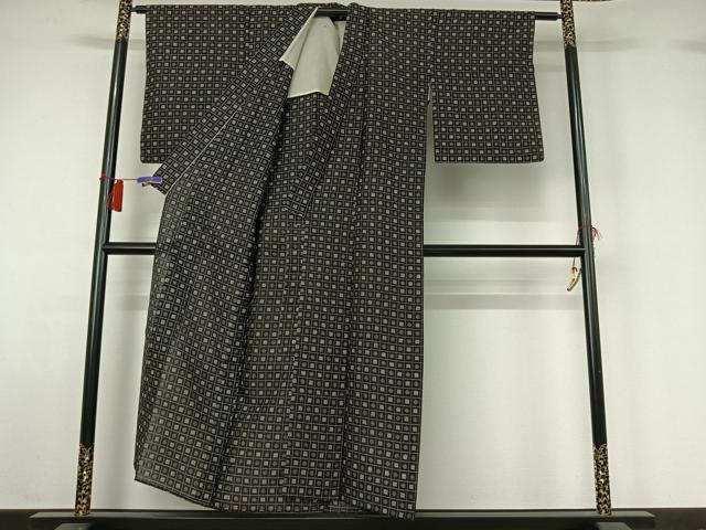 平和屋着物▽上質な紬 単衣 幾何学文様 黒地 正絹 逸品 AABH5646jh
