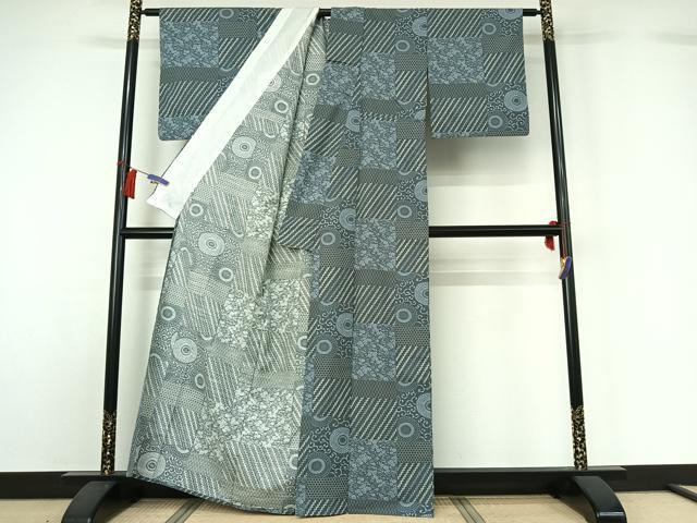 平和屋着物▽上質な小紋 単衣 紬地 草花文 正絹 逸品 AABH5652jh