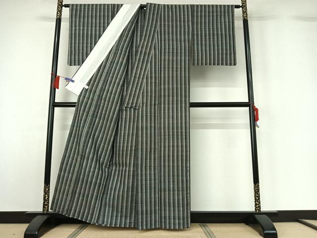 平和屋着物▽上質な紬 単衣 横段文 正絹 逸品 AABH5653jh